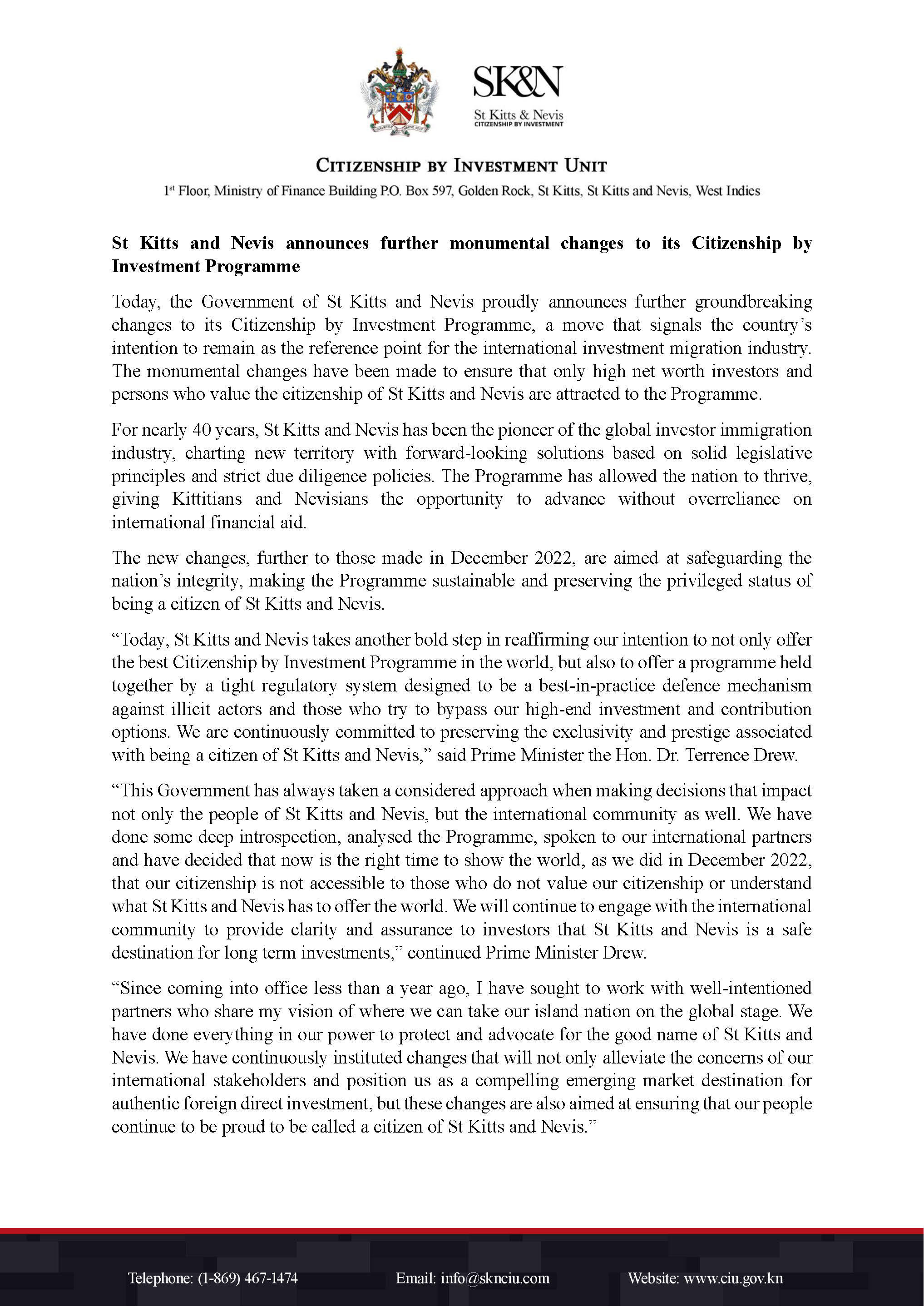 圣基茨投资入籍政策突然大变之二:政府对政策突然大变的解释,即新闻通稿