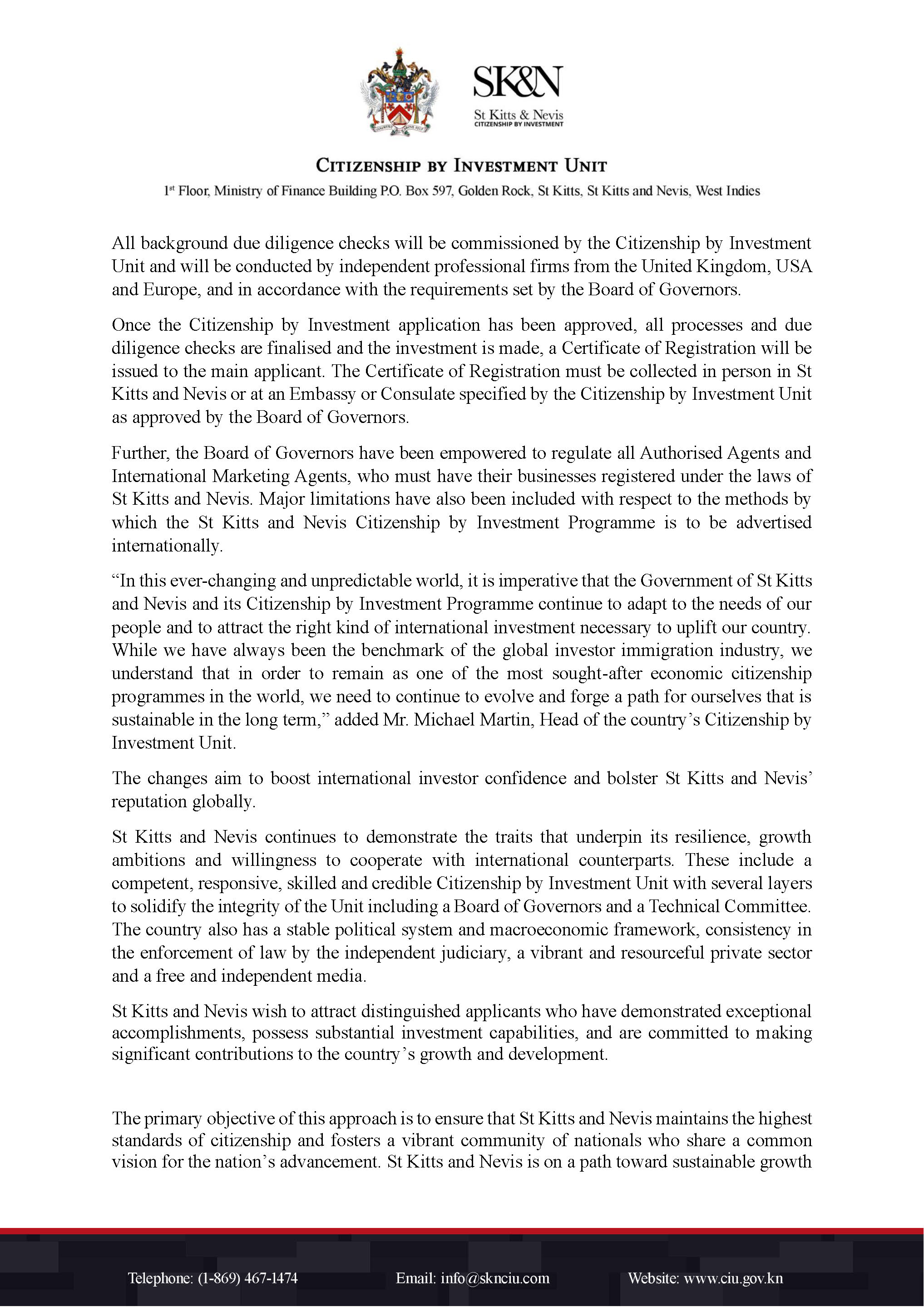 圣基茨投资入籍政策突然大变之二:政府对政策突然大变的解释,即新闻通稿